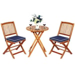 Costway 3pcs Salon De Jardin Pliable En Bois D'acacia - 1 Table, 2 Chaises, 2 Coussins Bleu Amovibles - Salon, Terrasse, Bistrot