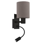 EGLO LED wall light fixture Pasteri, indoor lamp with reading light, living room and bedroom lighting, spotlight made of black metal and anthracite brown fabric, E27 socket