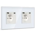 BSEED Double Prise Murale avec USB et 1 Type C,16A Prise de Courant Alternatif avec Panneau en Verre,Multiprise Murale Max 2.1A,Convient au Smartphone, à la Tablette (2 Prise avec USB et Type C,Blanc)