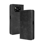 UILY Case Compatible for Xiaomi Poco X3 NFC, Retro Style Anti-Fall Flip Wallet Leather Cover with Card Slot, Magnetic Suction Bracket Shell. Black
