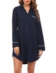 Doaraha Womens Sleep Shirt, Long Sleeve Nightshirt Boyfriend Night Dresses Button Down Ladies' Nightgown Long Tops Blouse Deep Blue