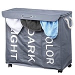 Bakaji Dirty Laundry Hamper with 3 Compartments 3 Compartments Oxford Fabric Foldable Laundry Basket with Wheels and Handles, Size 63 x 35 x 57 cm (Grey)