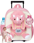 Naturally KIDS Pink Dinosaur Backpack with Wheels - Kids Suitcase on Wheels for Girls Boy w Stuffed Animal - Children's Luggage