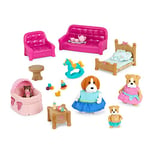 Lil Woodzeez - Meubles pour Maison de poupée - Maison de Jeu pour Le Salon et la Chambre d'enfant avec 3 Figurines posables - Canapé, Berceau et Jouets Miniatures - Enfants de 3 Ans +