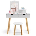 GOPLUS Coiffeuse Enfant Fille 3-7 Ans, Coiffeuse en Bois avec Miroir Amovible avec Tabouret, 2 en 1 Table de Maquillage et Bureau avec 2 Tiroirs, Étagère de Rangement (Blanc)