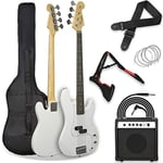 3rd Avenue Pack Guitare Basse Électrique 4/4 Taille Standard pour Débutants avec Amplificateur 15 W, Housse, Jack, Sangle, Stand et Jeu de Cordes de Rechange – Blanc