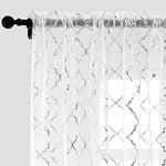 Kotile Silver White Sheer Curtains 108 Inch Long - Metallic Silver Foil Moroccan Tile Sheer Curtains for Living Room, Rod Pocket White Curtains with Silver Trellis Design, 52 x 108 Inches, 2 Panels