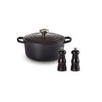 LE CREUSET Signature Enamelled Cast Iron Round Casserole Dish With Lid + Le Creuset Classic Salt & Pepper Mill Set, Personal Use, Chip-resistant ABS Plastic, Anti-Corrosion, 11 cm, Black Onyx