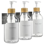 MaisoNovo Shampoo Dispenser for Shower Wall 3 Chamber - Drill Free Shower Soap Dispenser Wall Mount with Waterproof Labels | 3 Bamboo Plastic Bottles 3 Wall Mounts - Clear