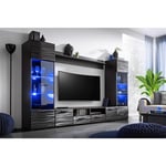 Meuble salon Queen 260 cm noir Laqué tv Effet 3D avec led