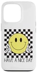 Coque pour iPhone 13 Pro Have a Nice Day, sourire rétro des années 70, visage souriant à carreaux