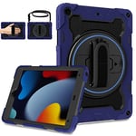 ROSROME for iPad 9th/8th/7th Generation Case 10.2 Inch for Kids with Screen Protector,Shockproof iPad Case 9th 8th 7th Gen with Rotating Stand Hand Strap Shoulder Strap Pencil Holder, Blue