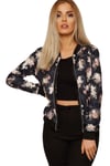 Rose Print Zip Up Bomber Coat Womens Long Sleeves Crew Neck Floral Jacket