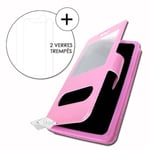 Super Pack-fodral för Xiaomi Redmi Note 8T Extra Slim 2 Windows Eco Leather + High Transparens härdat glas FUSHIA PINK