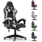 bigzzia Chaise Bureau Chaise Gaming Ergonomique en PU Cuir, Hauteur Réglable, avec Coussin Lombaire et Appui-Tête, Fauteuil Gamer Confortable pour Adultes, Filles et Garçons (Blanc)