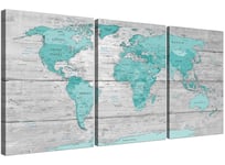 Large Teal Grey Map of World Atlas Canvas Wall Art Print 3 Set 125cm Wide - 3299