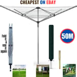 ROTARY AIRER 50M OUTDOOR 4 ARM CLOTHES WASHING LINE DRYER GROUND SPIKE & COVER