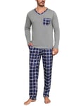 Aseniza Pyjama Homme Hiver Coton Ensembles de Pyjama Chauds Manches Longues Col à Carreaux Contrasté Vêtements De Nuit Pantalon de Pyjama à Carreaux Tenues de Nuit Vêtements de Détente Gris Foncé L