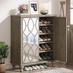 Armoire à chaussures à miroir - Grand organisateur de chaussures moderne à 5 niveaux - Avec portes - Armoire de rangement pour chaussures en bois