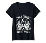 Womens Thick Thighs Witch Vibes Halloween Women Mystical Moon V-Neck T-Shirt