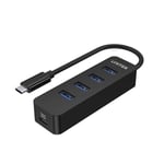 Unitek H1117B  USB 3.0 4-Port Hub with      USB-C Connector Cable. Includes 4x USB-A Ports,1xUSB-CPower Port 5V 2A. Data Transfer Rate up to 5Gbps. Plug & Play. Black Colour.