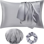 Seiwohl Satin Pillowcase Soft as Silk Pillowcases for Hair and Skin Grey Pillowcases 2 Pack with Satin Scrunchies and Bonnet for sleeping, Cooling Pillow cases Envelope Closure, 50x75 cm