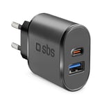 Chargeur SBS Fast Charge, Sorties USB 2.1A et USB-C 3A, Charge Rapide pour Les Smartphones iPhone/Samsung/Xiaomi/Oppo/Huawei, Prise européenne