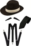 1x Black Al Capone Gangster Hat with Moustache Black Tie Braces Pimp Fancy Dress