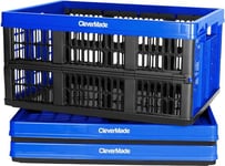 CleverMade CleverCrates – Lot de 3 caisses utilitaires pliables, bleu roi, 45 l – Bacs de rangement pliables, peuvent contenir 30 kg par poubelle, boîtes utilitaires empilables à paroi râpée en