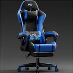 HLONONE Chaise Gaming Massante, Siège de Bureau réglable, Chaise Gamer avec Coussin Lombaire Massant et Repose-Pieds, Noir et Bleu