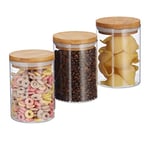 Relaxdays Glass Storage Jars, Set Of 3, Pasta, Coffee, Tea Or Biscuit Jar, 600 ml, HxD 14x9.5 cm, Bamboo, Natural