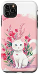 Coque pour iPhone 11 Pro Max Chat blanc mignon, fond rose, art floral