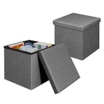 Klihome Lot de 2 Pouf Rangement, Pouf Coffre, Petite Tabouret de Rangement Pliable, 38x38x38cm, Repose Pied Salon, avec Couvercle, Siège Rembourré, en Lin, Gris Foncé, K0007SH-2