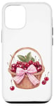 Coque pour iPhone 12/12 Pro Noeud coquette rose sur un panier en osier avec cerises