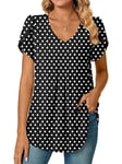 Bestbee Ladies Summer Tops, Dressy Chiffon Blouses Pleated Shirts Petal Short Sleeve Tunic Tops for Women V-Neck Casual T-Shirts, Polka Dots Black, M