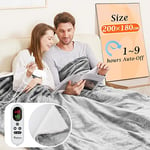 Mia&Coco Grey Electric Heated Blanket Throw Flannel Sherpa Fast Heating 200x180cm, 10 Heat Levels & Up-to-9-Hours Auto-Off Timer & LED Display, for Home Office Use, Machine Washable, ETL Certified