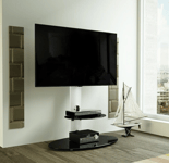 Oval Column TV Mount Stand , Free-Standing, Silver Black, Upto 65" Glass Shelves