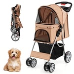 GOPLUS Poussette Pliable Chariot Pliant Animaux Panier Plateau de Rangement Porte-gobelet, Auvent Réglable, Roues EVA Tout-terrain avec Frein, 87 x 46 x 102 cm, Beige