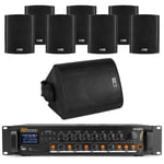 Power Dynamics 4 Zone Wall Mount PA System 8 x 4 Inch Black Speakers and Bluetooth MP3 FM Radio Amplifier