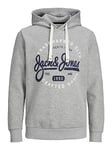 JACK & JONES Men's Jjmikk Sweat Hooded Sweatshirt, Light grey melange/print: big, S