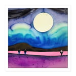 Modern Watercolour Night Harvest Moon Landscape Square Framed Wall Art Print Picture 16X16 Inch