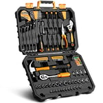 DEKO Caisse a Outil 128 Pièces, Malette Boite Coffret a Outils Complete Bricolage Avec Jeu Complet de Clés, Tournevis et Manchons