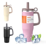 Mug Isotherme avec Paille et Poignée 1200ml, Thermos Isotherme en Acier Inoxydable avec Couvercle Étanche, Mug de Voiture, Tasse Isotherme Café pour Boissons Chaudes ou Glacées, Rosa