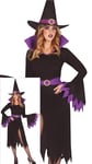 FIESTAS GUIRCA Déguisement de sorcière mystique pour femme, Comprend un chapeau de sorcière violet et noir, une robe avec fente pour les jambes et une ceinture, Costume d'Halloween pour femme taille M