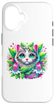 iPhone 16 Beloved Cat with Green Leaves Cat Lovers Pink Waterfalls Case