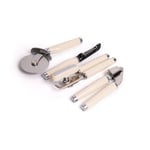 4pc Almond Cream Kitchen Utensil Set with Multi-Function Can Opener, Pizza Wheel, Garlic Press & Euro Peeler