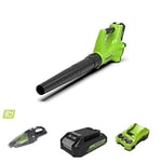 Greenworks Cordless Axial Leaf Blower G24AB and Cordless Handheld Vacuum Cleaner G24HV (Li-Ion 24V, 144km/h Air Speed, 2-Filter System for Wet and Dry Use with 2Ah Battery and Charger)