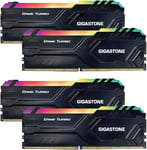 [RGB DDR4 RAM] GIGASTONE Game Turbo 32Go Kit(4x8Go) DDR4 3200MHz PC4-25600 CL16-18-18-40 Intel XMP 2.0 AMD Ryzen 1.35V UDIMM 288pin UnbuffeRouge Non ECC Mémoire Haute Performance pour PC Bureau-Noir