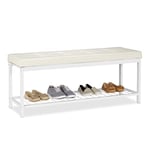 Relaxdays Banc Range-Chaussures XXL Ouvert Coussin Moelleux Similicuir Support Grillage Métal 49x115x40cm Blanc