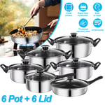 Set of 12 Non Stick Cookware Cooking Saucepans Pots Pan Set With Glass Lids